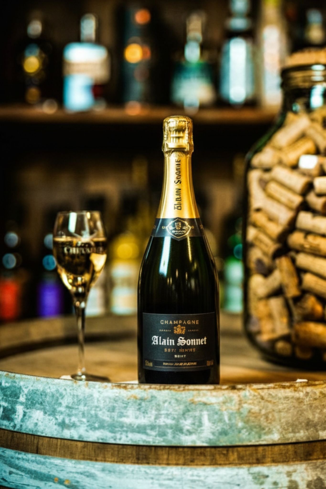 Replace the Chevalier champagne bottle in the center of the image with an Alain Sonnet Brut champagne bottle. The new bottle should have: - Black label with gold text "Alain Sonnet" and "Champagne Brut" - Same exact proportions and dimensions as a standard Champagne bottle - Gold foil at the top - Positioned identically in the center on the barrel - Same lighting and reflections as the original bottle Keep everything else exactly the same: - The champagne flute with bubbles on the left - The barrel in the foreground - The cork collection jar on the right - The blurred bar background with bottles - All lighting, shadows, and composition Only modify the bottle itself - no other changes to the scene.
